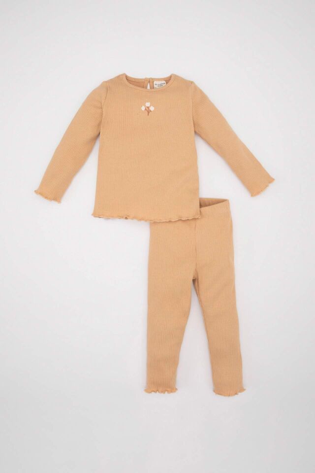 Kız Bebek 2'li Takım Çiçekli Fitilli Kaşkorse Uzun Kollu Tişört Üst Beli Lastikli Alt