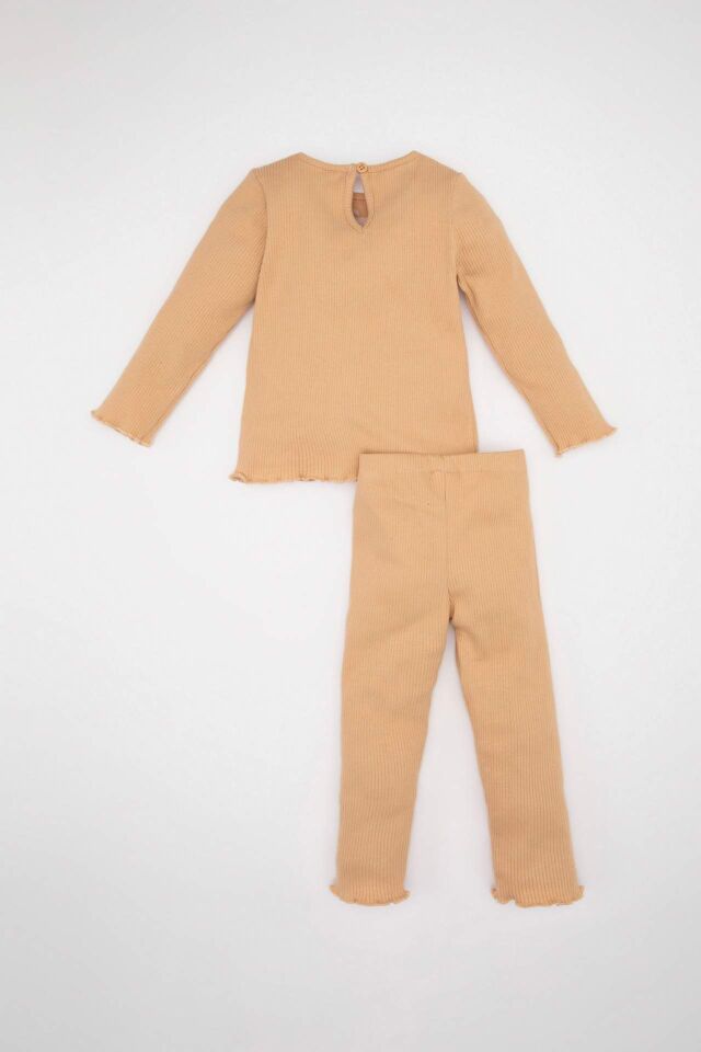 Kız Bebek 2'li Takım Çiçekli Fitilli Kaşkorse Uzun Kollu Tişört Üst Beli Lastikli Alt