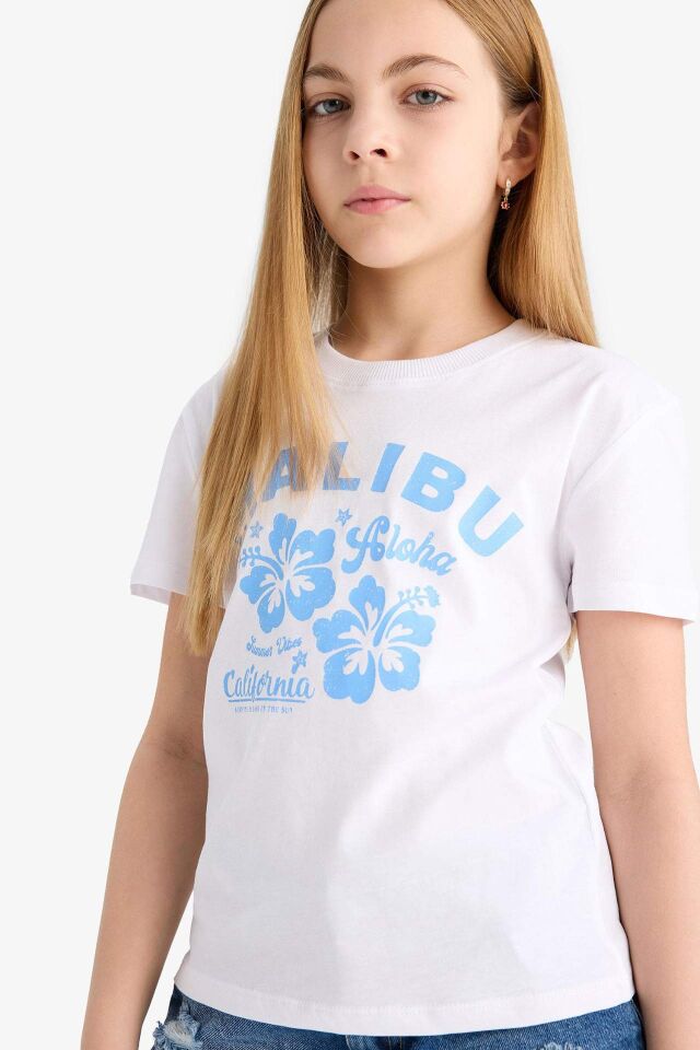 Kız Çocuk Relax Fit Bisiklet Yaka Baskılı Kısa Kollu Tişört