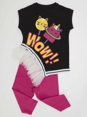 Wow Tüllü Kız Çocuk T-Shirt Pembe Tayt Takım 9 Y - Pembe, Siyah