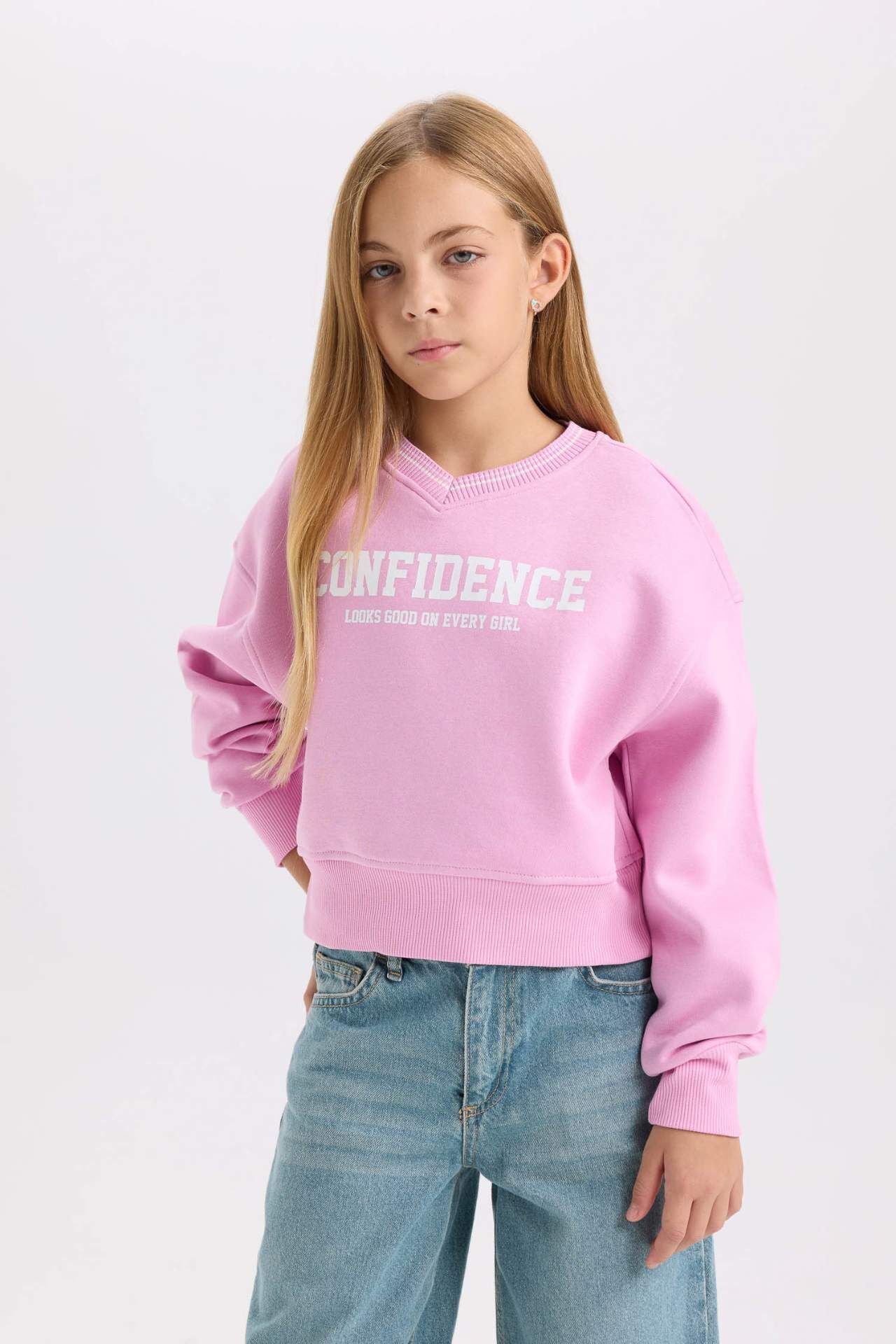 Kız Çocuk V Yaka Baskılı İçi Yumuşak Tüylü Kalın Sweatshirt