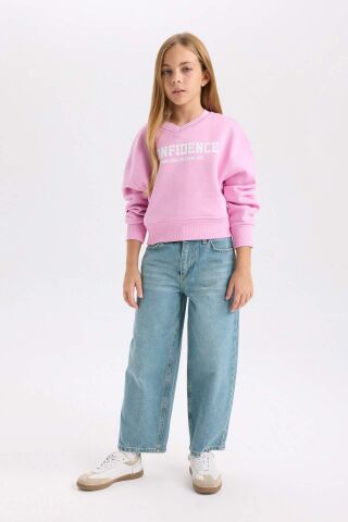 Kız Çocuk V Yaka Baskılı İçi Yumuşak Tüylü Kalın Sweatshirt