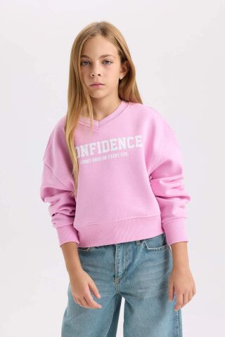 Kız Çocuk V Yaka Baskılı İçi Yumuşak Tüylü Kalın Sweatshirt