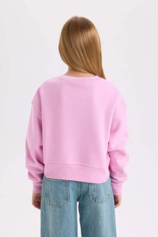 Kız Çocuk V Yaka Baskılı İçi Yumuşak Tüylü Kalın Sweatshirt