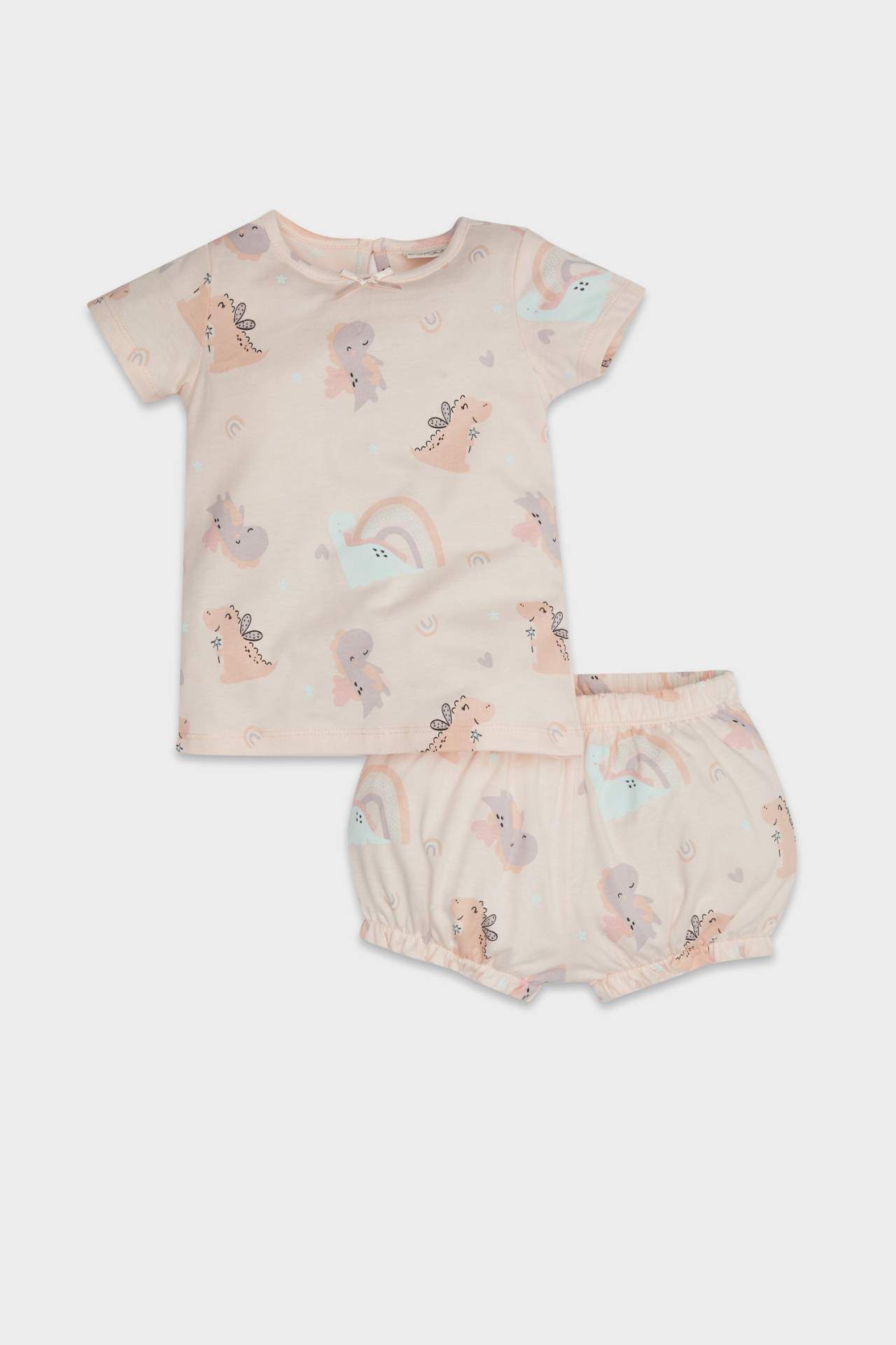 Kız Bebek Pijama Takımı Dinazor Baskılı Kısa Kollu Penye Üst Beli Lastikli Şort