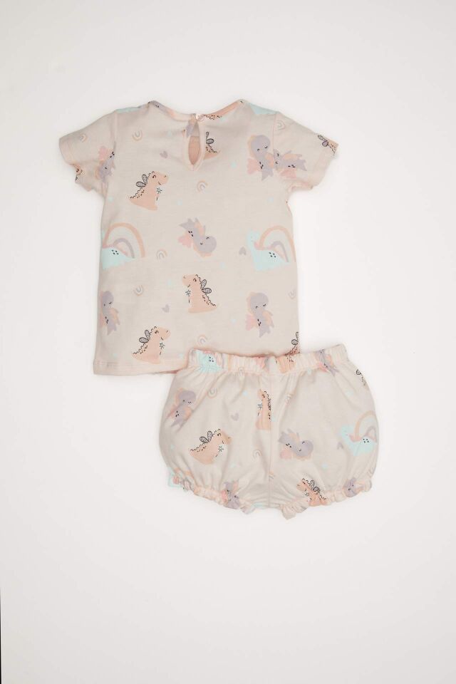 Kız Bebek Pijama Takımı Dinazor Baskılı Kısa Kollu Penye Üst Beli Lastikli Şort