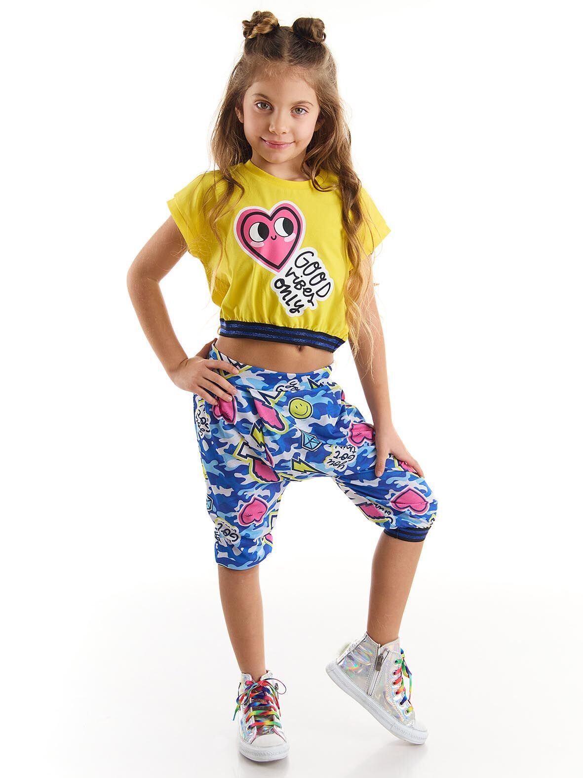 Kalp Kalbe Kız Çocuk Crop Top Kapri Şort Takım 5 Y - Sarı, Mavi