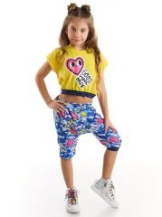 Kalp Kalbe Kız Çocuk Crop Top Kapri Şort Takım 5 Y - Sarı, Mavi