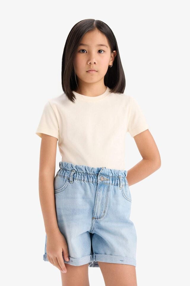 Kız Çocuk Slim Fit Dar Kesim Bisiklet Yaka Ribana Basic Düz Kısa Kollu Tişört