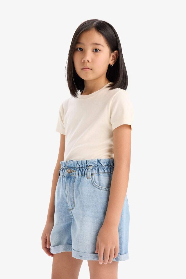 Kız Çocuk Slim Fit Dar Kesim Bisiklet Yaka Ribana Basic Düz Kısa Kollu Tişört