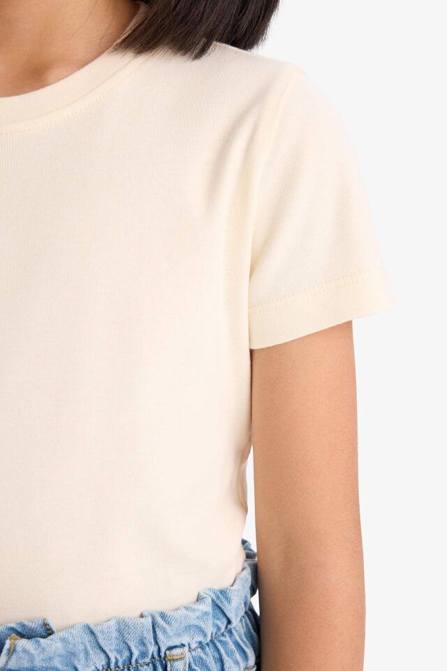 Kız Çocuk Slim Fit Dar Kesim Bisiklet Yaka Ribana Basic Düz Kısa Kollu Tişört