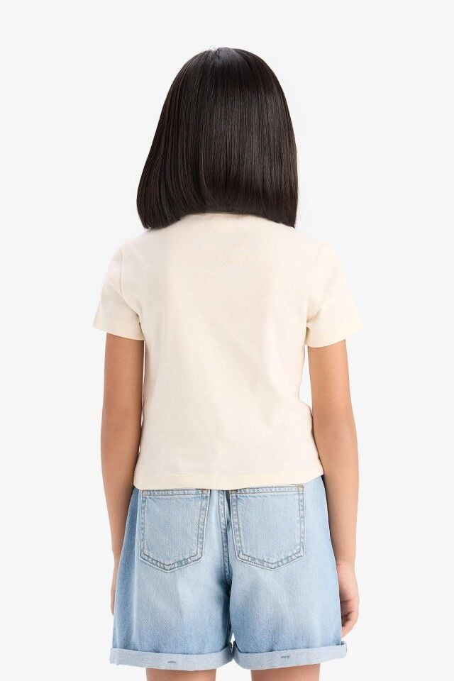 Kız Çocuk Slim Fit Dar Kesim Bisiklet Yaka Ribana Basic Düz Kısa Kollu Tişört
