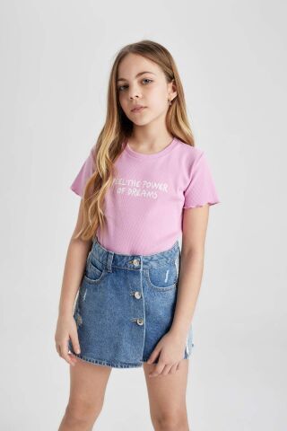 Kız Çocuk Slim Fit Dar Kesim Bisiklet Yaka Baskılı Fitilli Kaşkorse Kısa Kollu Tişört