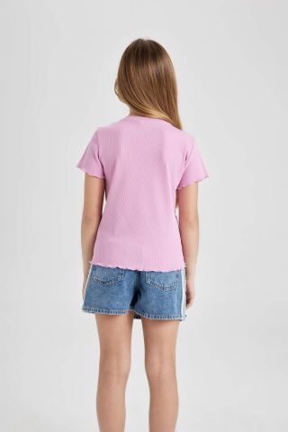 Kız Çocuk Slim Fit Dar Kesim Bisiklet Yaka Baskılı Fitilli Kaşkorse Kısa Kollu Tişört