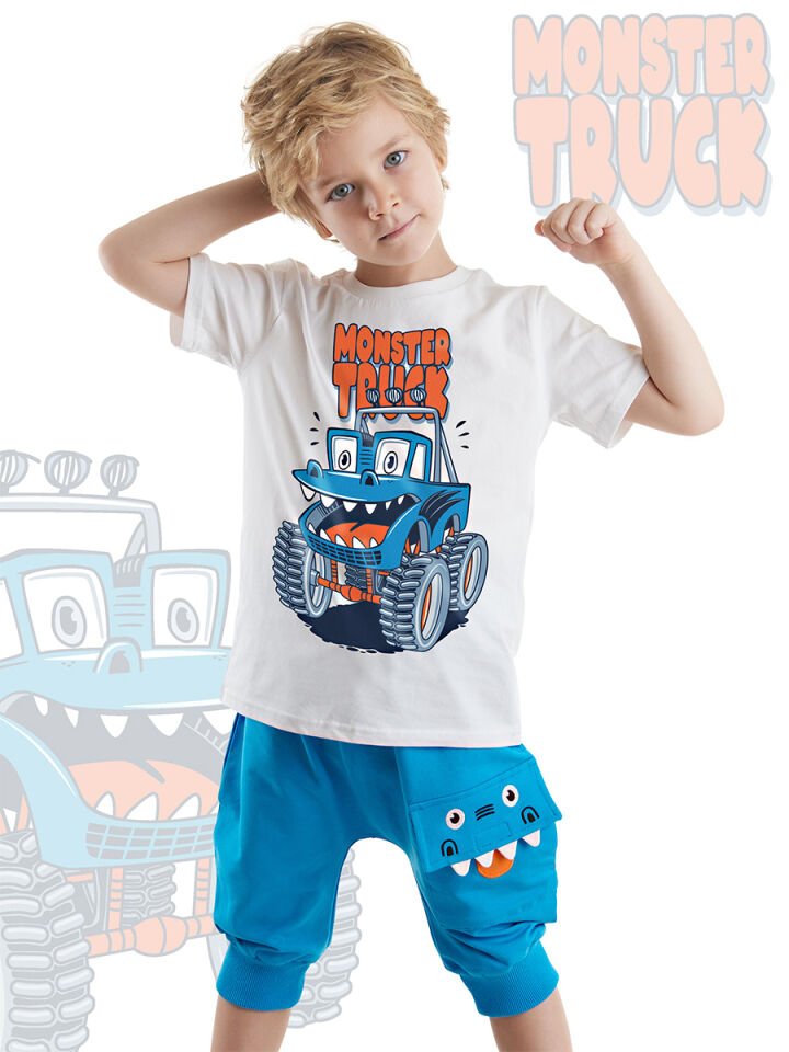Monster Truck Erkek Çocuk T-shirt Kapri Şort Takım 6 Y - Mavi, Beyaz