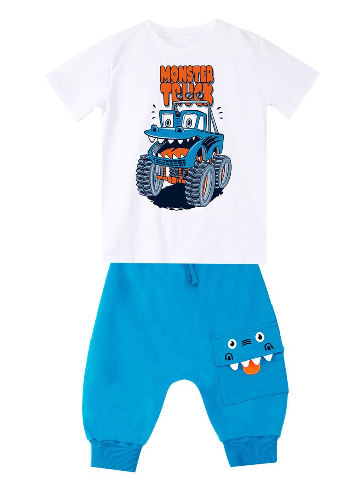 Monster Truck Erkek Çocuk T-shirt Kapri Şort Takım 6 Y - Mavi, Beyaz