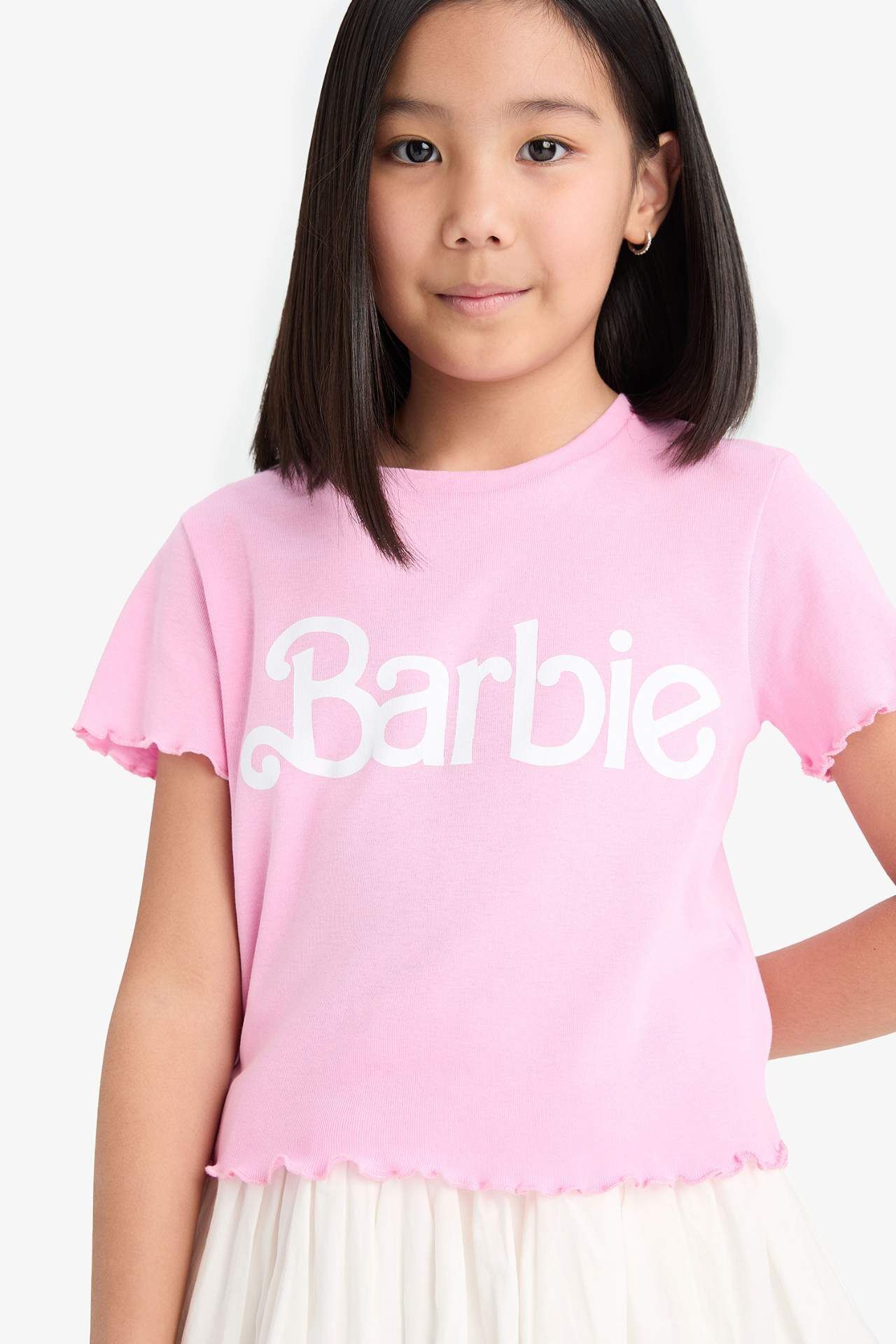 Kız Çocuk Barbie Fitted Bisiklet Yaka Ribana Kısa Kollu Tişört