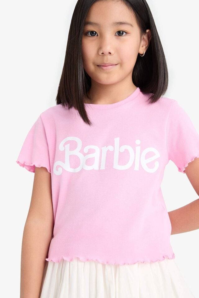 Kız Çocuk Barbie Fitted Bisiklet Yaka Ribana Kısa Kollu Tişört