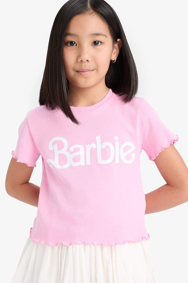 Kız Çocuk Barbie Fitted Bisiklet Yaka Ribana Kısa Kollu Tişört