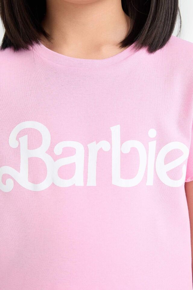 Kız Çocuk Barbie Fitted Bisiklet Yaka Ribana Kısa Kollu Tişört