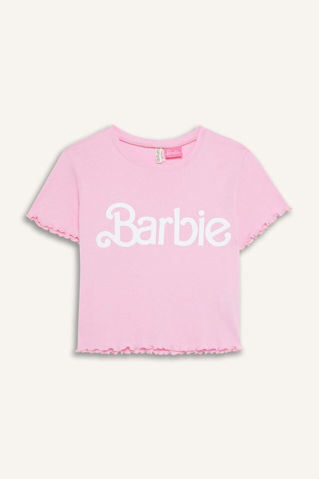 Kız Çocuk Barbie Fitted Bisiklet Yaka Ribana Kısa Kollu Tişört