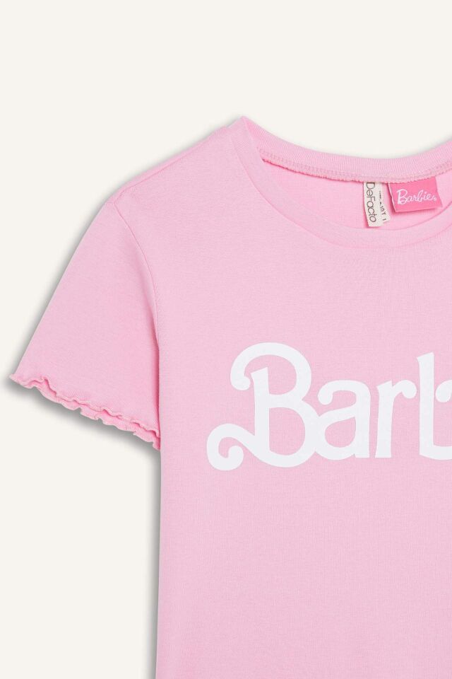 Kız Çocuk Barbie Fitted Bisiklet Yaka Ribana Kısa Kollu Tişört