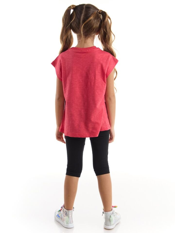 Yıldızlı Kedi Kız Çocuk T-shirt Siyah Tayt Takım 5 Y - Kırmızı, Siyah