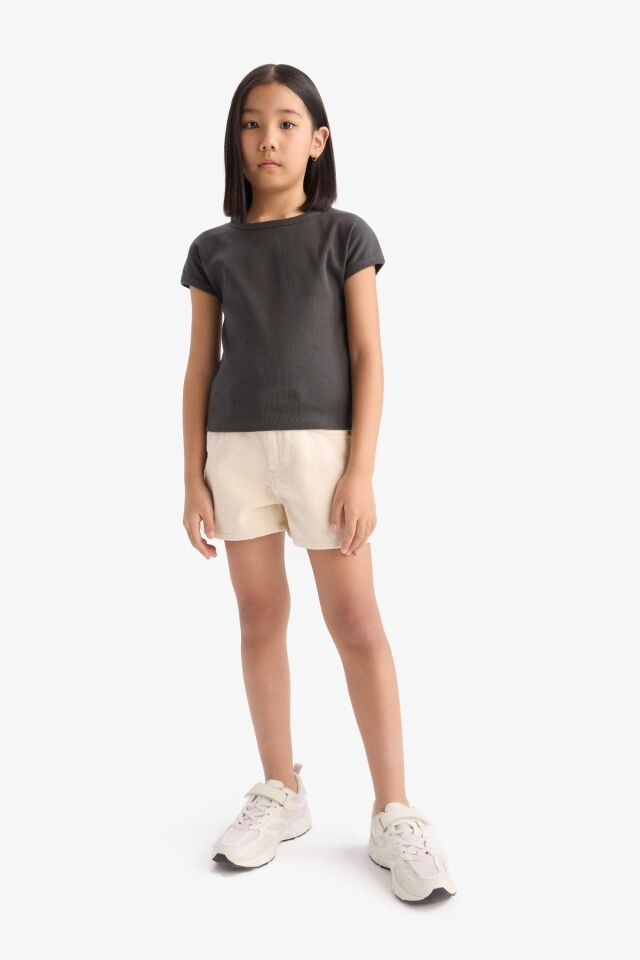 Kız Çocuk Slim Fit Dar Kesim Bisiklet Yaka Basic Düz Fitilli Kaşkorse Kısa Kollu Tişört