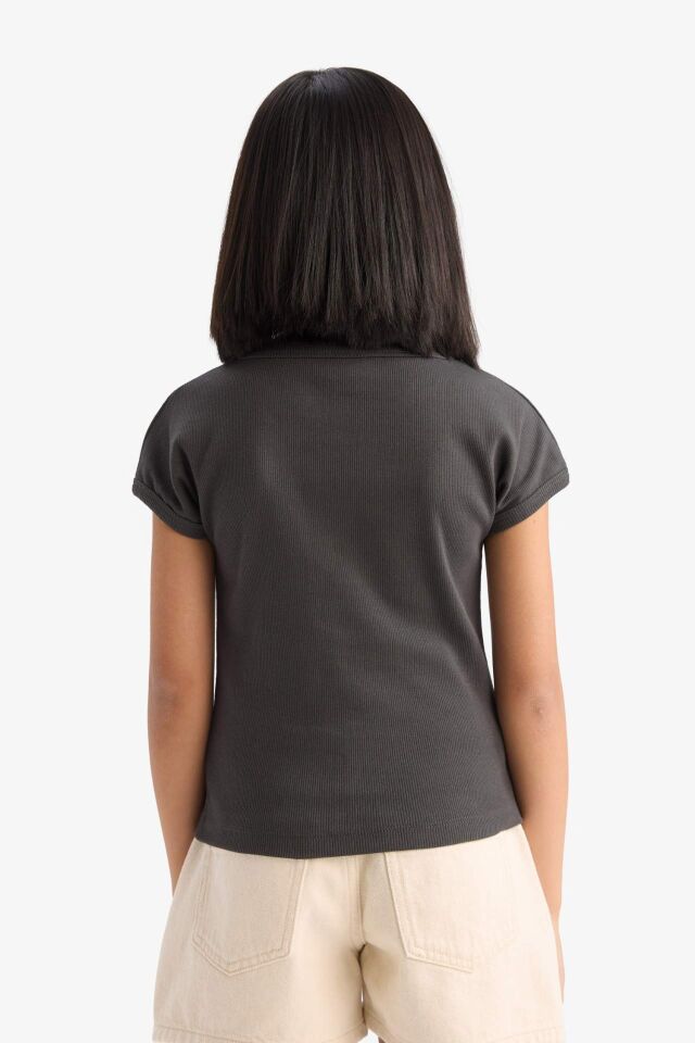 Kız Çocuk Slim Fit Dar Kesim Bisiklet Yaka Basic Düz Fitilli Kaşkorse Kısa Kollu Tişört