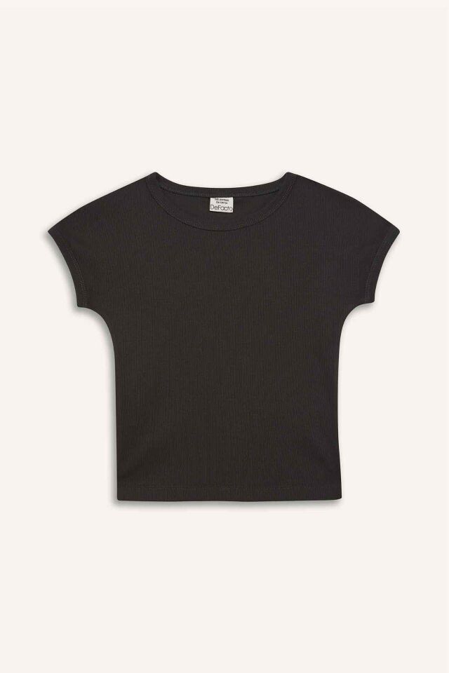 Kız Çocuk Slim Fit Dar Kesim Bisiklet Yaka Basic Düz Fitilli Kaşkorse Kısa Kollu Tişört