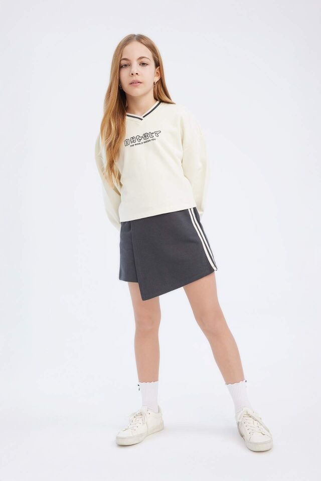 Kız Çocuk 2'li Takım Baskılı Sweatshirt Şort Etek