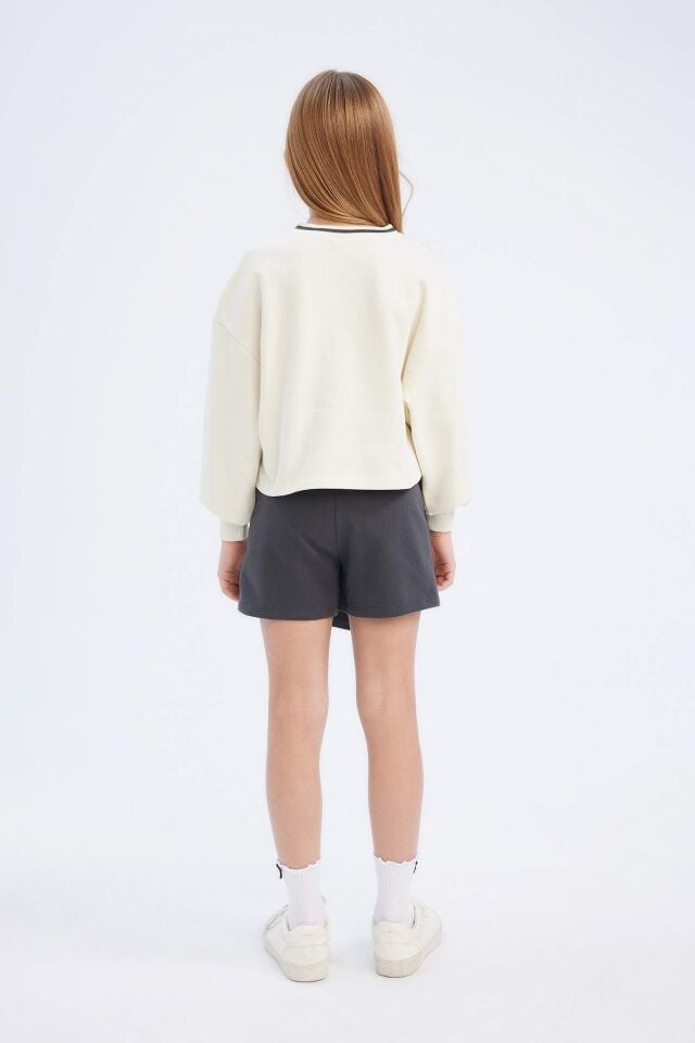 Kız Çocuk 2'li Takım Baskılı Sweatshirt Şort Etek