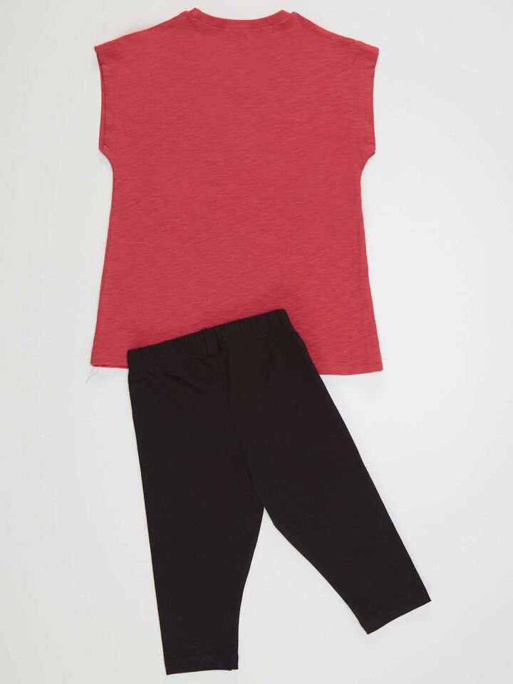 Yıldızlı Kedi Kız Çocuk T-shirt Siyah Tayt Takım 5 Y - Kırmızı, Siyah
