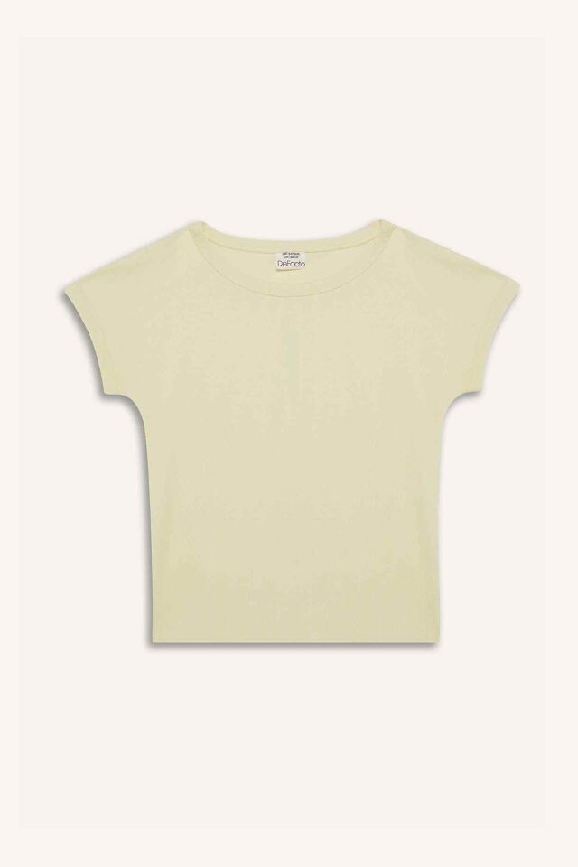 Kız Çocuk Slim Fit Dar Kesim Bisiklet Yaka Basic Düz Fitilli Kaşkorse Kısa Kollu Tişört