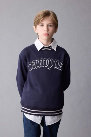 Erkek Çocuk Lacivert Oversize Geniş Kalıp Bisiklet Yaka Baskılı Kalın Sweatshirt