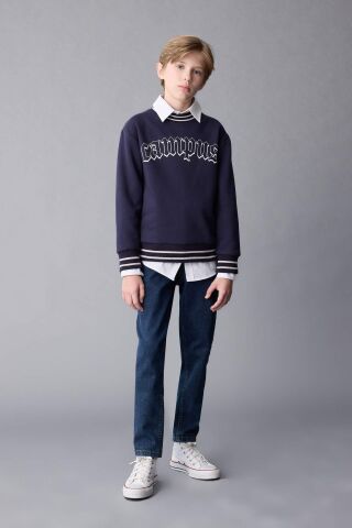 Erkek Çocuk Lacivert Oversize Geniş Kalıp Bisiklet Yaka Baskılı Kalın Sweatshirt