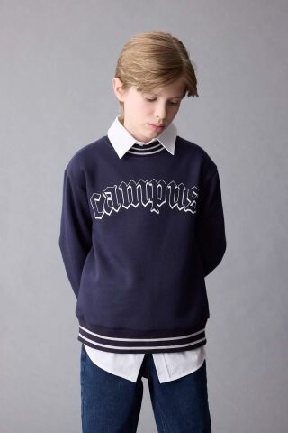 Erkek Çocuk Lacivert Oversize Geniş Kalıp Bisiklet Yaka Baskılı Kalın Sweatshirt