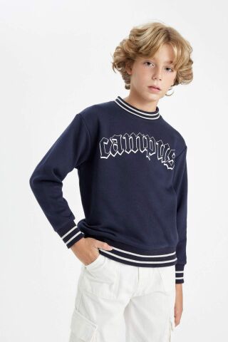 Erkek Çocuk Lacivert Oversize Geniş Kalıp Bisiklet Yaka Baskılı Kalın Sweatshirt