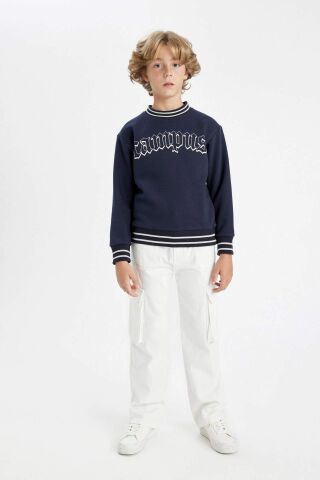 Erkek Çocuk Lacivert Oversize Geniş Kalıp Bisiklet Yaka Baskılı Kalın Sweatshirt