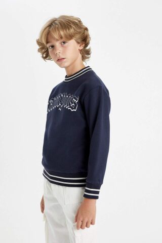 Erkek Çocuk Lacivert Oversize Geniş Kalıp Bisiklet Yaka Baskılı Kalın Sweatshirt