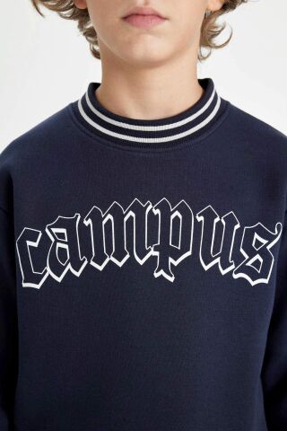 Erkek Çocuk Lacivert Oversize Geniş Kalıp Bisiklet Yaka Baskılı Kalın Sweatshirt