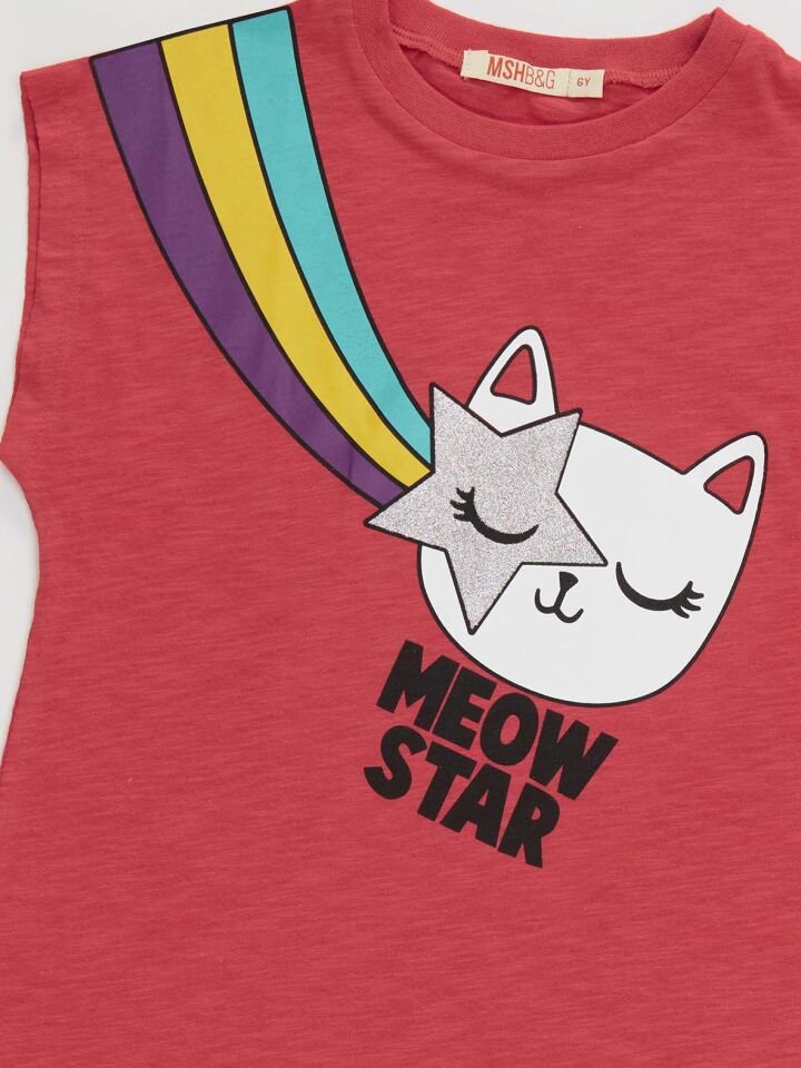 Yıldızlı Kedi Kız Çocuk T-shirt Siyah Tayt Takım 6 Y - Kırmızı, Siyah