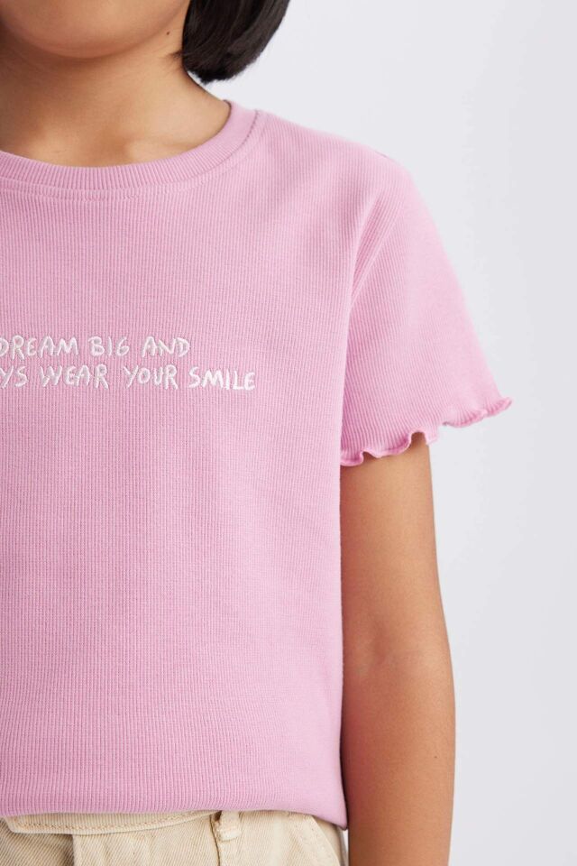 Kız Çocuk Slim Fit Dar Kesim Bisiklet Yaka Baskılı Fitilli Kaşkorse Kısa Kollu Tişört