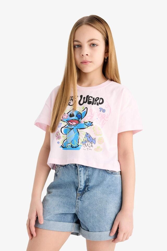 Kız Çocuk Disney Lilo & Stitch Bisiklet Yaka Kısa Kollu Tişört