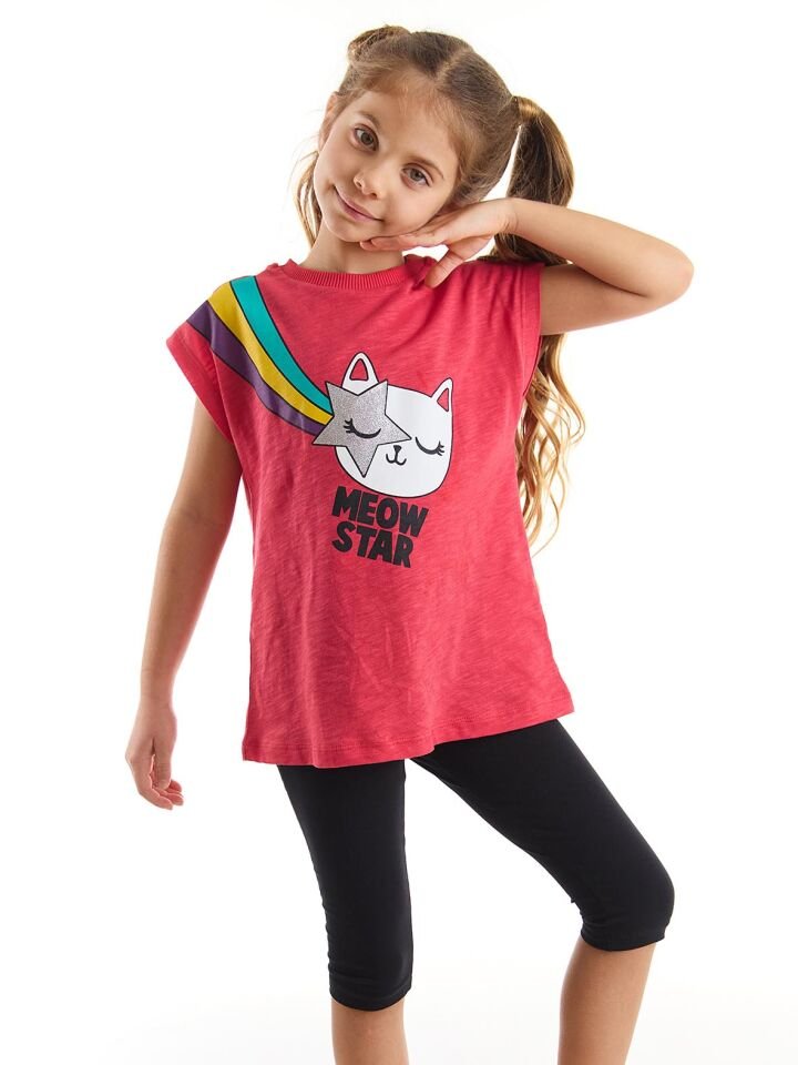 Yıldızlı Kedi Kız Çocuk T-shirt Siyah Tayt Takım 7 Y - Kırmızı, Siyah
