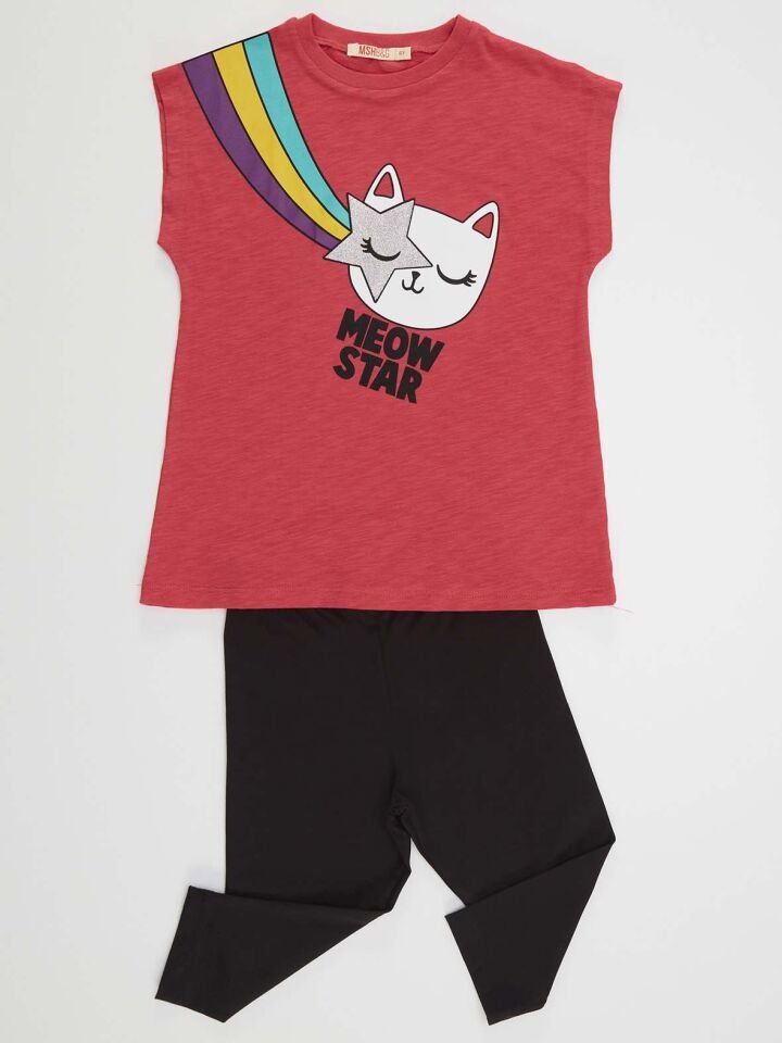 Yıldızlı Kedi Kız Çocuk T-shirt Siyah Tayt Takım 7 Y - Kırmızı, Siyah