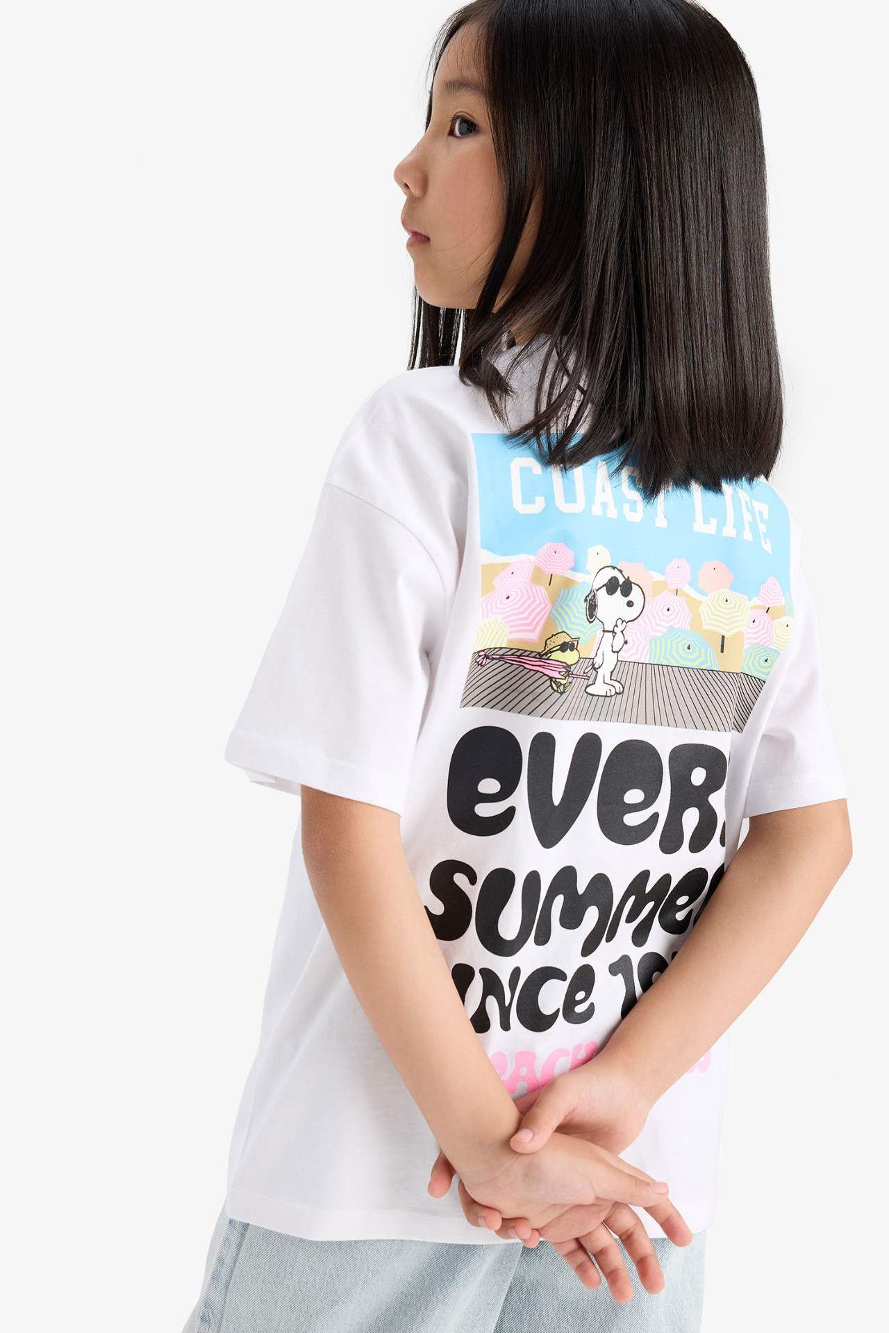 Kız Çocuk Snoopy Oversize Geniş Kalıp Bisiklet Yaka Sırt Baskılı Kısa Kollu Tişört