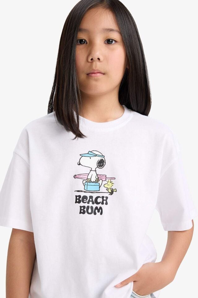 Kız Çocuk Snoopy Oversize Geniş Kalıp Bisiklet Yaka Sırt Baskılı Kısa Kollu Tişört