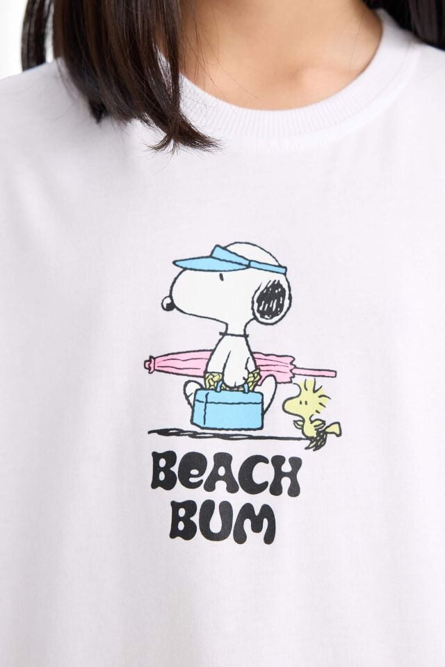 Kız Çocuk Snoopy Oversize Geniş Kalıp Bisiklet Yaka Sırt Baskılı Kısa Kollu Tişört