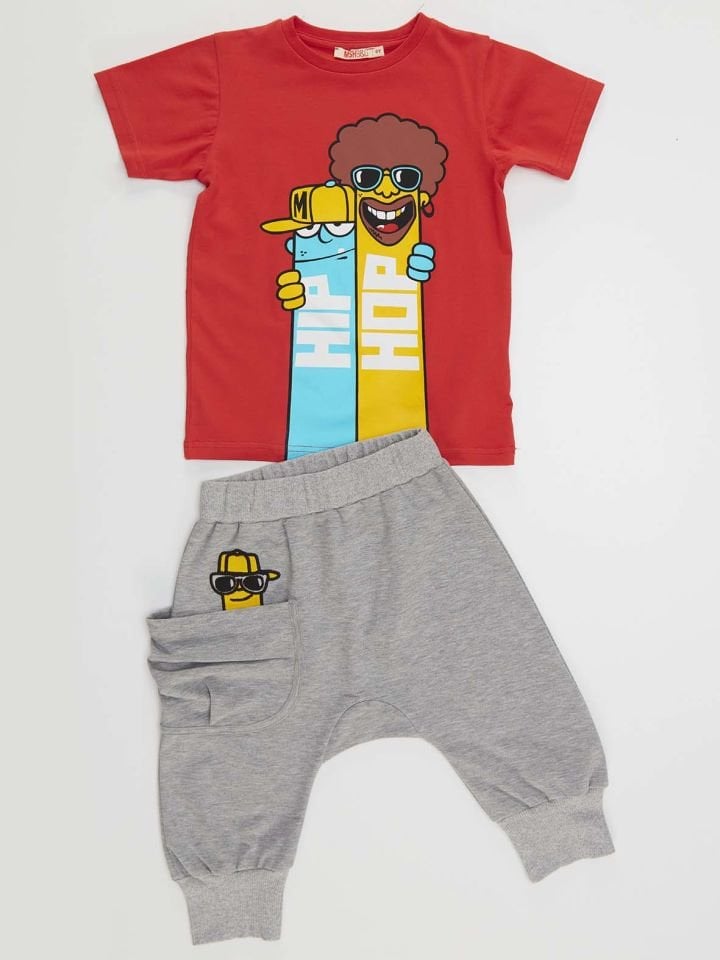 Biraderler Erkek Çocuk T-shirt Kapri Şort Takım 2 Y - Turuncu, Gri